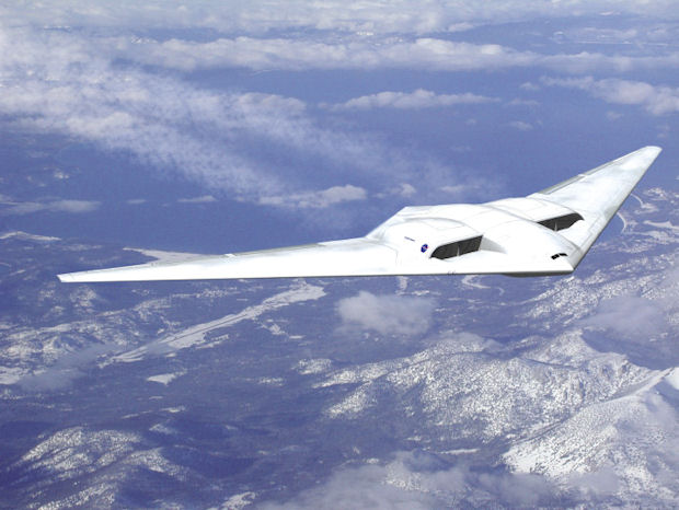 A Northrop Grumman concept based on the “flying wing” design, with four Rolls Royce engines embedded in the upper surface of the wing to achieve maximum noise shielding, was among NASA’s studies into new aircraft. Image courtesy of NASA/Northrop Grumman.