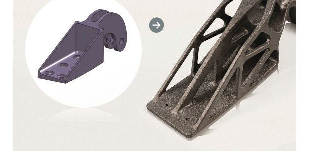 Conventional design of a steel bracket (left) and the EOS titanium bracket created via additive manufacturing (right). Image courtesy of Airbus Group Innovations.