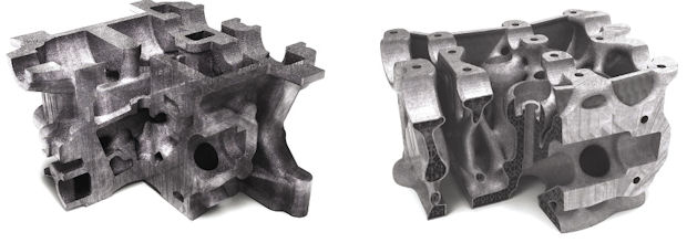 Cylinder head (before and after) redesign using netfabb Selective Space Structures software and 3D-printed for lightweighting. The original solid part weighed 5.1 kg while the additive design weighs just 1.9 kg. The cooling effectiveness of the cylinder head internal volume is greatly increased, too, since the “honeycomb” structure increased the functional internal surface area from 823 cm3 to 10,223 cm3. Image courtesy netfabb.
