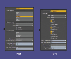 A comparison of the Snapping settings in MODO 701 (left) and MODO 801 (right). 801 Has significantly streamlined the Snapping interface.