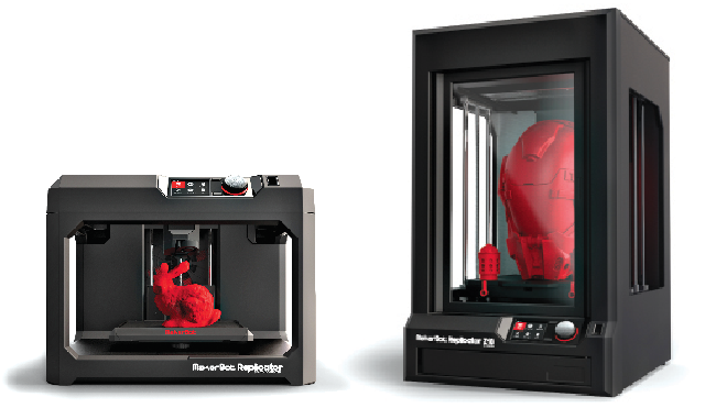 THE LATEST GENERATION: Includes the MakerBot® Replicator® Desktop 3D Printer and the MakerBot Replicator Z18 3D Printer. (left-right).