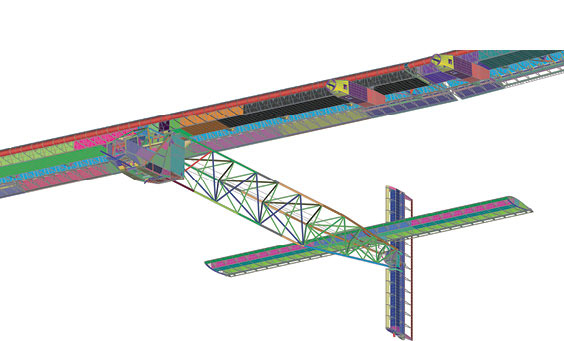 Simulation model of wing (with lower skin removed to show internal structural detail) used to verify strength and minimize weight of the structure. Image courtesy of Solar Impulse. 