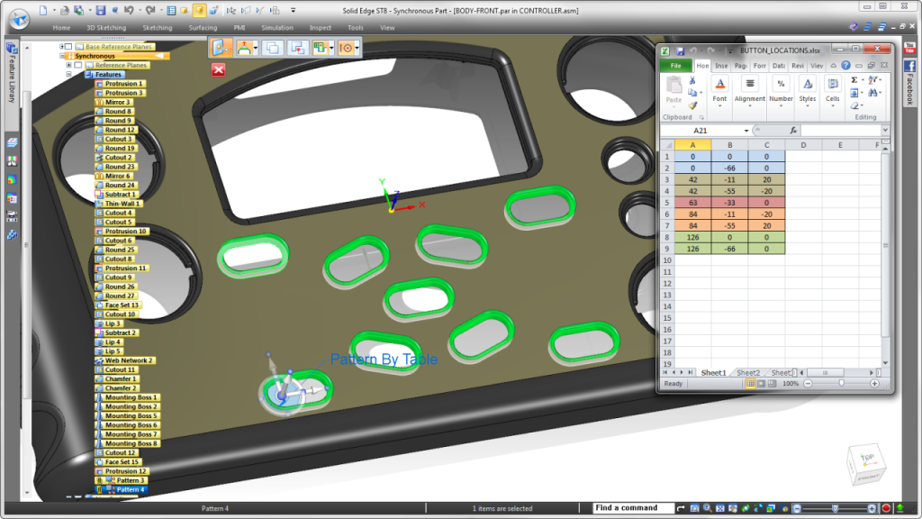 Patterns of model features can be driven from a XLS spreadsheet, facilitating design of irregularly-shaped arrays.