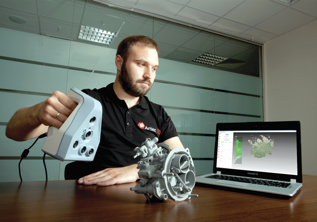 A hand-held Artec 3D Laser Scanner being used to create a CAD model of an existing part. Image courtesy of Artec 3D. 