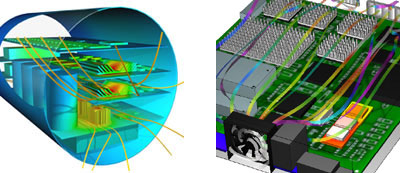 Left: Coolit CFD (computational fluid dynamics) software provides an integrated environment for managing electronic thermal behavior and problems. Right:  CoolitPCB enables PCB (printed circuit board) designers and electrical engineers to predict the thermal behavior of designs and determine optimum component placements. Images courtesy of Daat Research Corp.