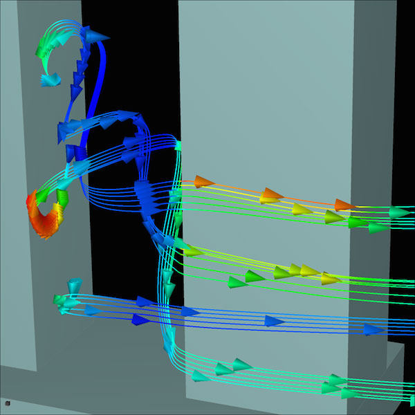 This Coolit screen image depicts the study of the airflow between the pins of a heat sink. Image courtesy of Daat Research Corp.