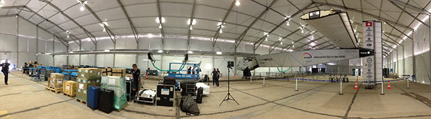 Pano-view of left wing and fuselage of Solar Impulse 2 solar-powered single-pilot aircraft. Image courtesy of Pamela Waterman.