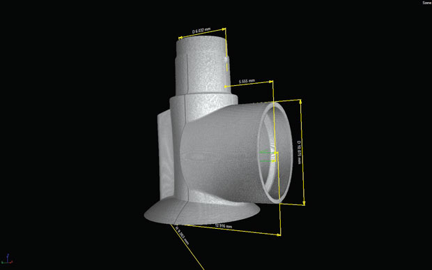 CT scanning lets engineers obtain measurements of internal and external structures without having to disassemble a part. Images above courtesy of Exact Metrology. Image on opposite page courtesy of Jesse Garant & Associates. 