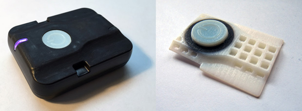 The multi-material 3D-printed parts progressed through several iterations to develop the appropriate design. Left: front view; Right: rear view. Image courtesy of Root3 Labs.