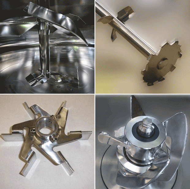 Figure 1: Different of impellers manufactured by Pierre Guerin: (A) Low shear HTPG4 propeller for Cell cultivation; (B) Heli Turbo Agitator HTA for powder dissolution; (C) Rushton turbines for aerobic fermentation; (D) Magnetic mixer PG-MAG for ancillary vessels. 