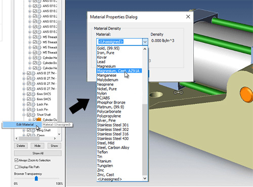 Beginning with TransMagic Release 12, materials embedded in the native CAD file are now supported in all related material properties. Additionally, users can edit these properties. Image courtesy of TransMagic Inc.