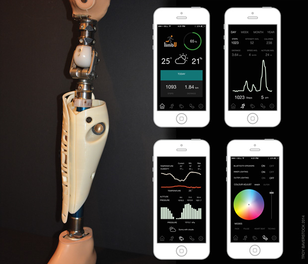 The limbU prosthetic device integrates sensors and lights for data collection and customization. Image courtesy of Troy Baverstock. 