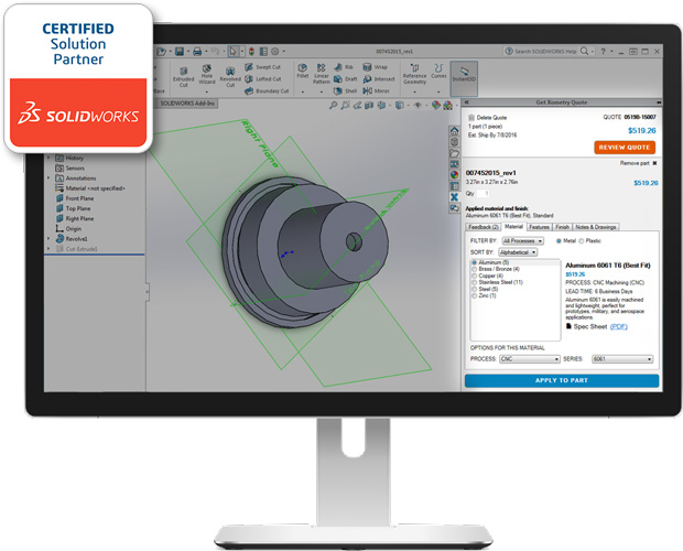 With the Xometry Add-in for Dassault Systèmes SOLIDWORKS, designers can get manufacturability analyses and instant price quotes from the Xometry on-demand manufacturing service as they design. Image courtesy Xometry.