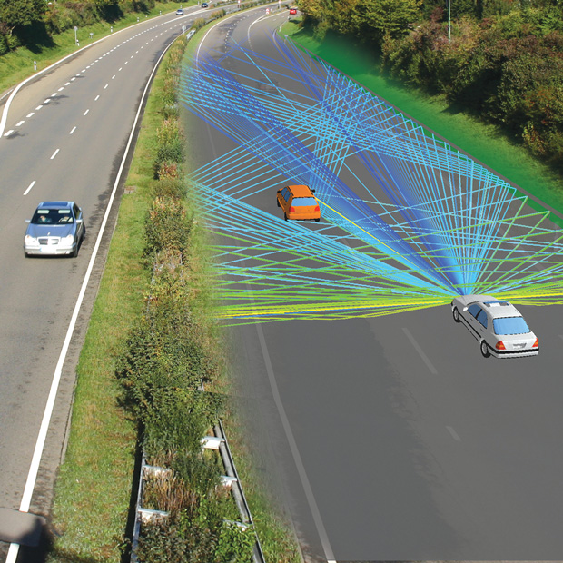 Propagation paths for automotive, forward-looking radar in an automatic cruise control scenario using WinProp EM simulation software from Altair. The operation is at approximately 76GHz. Image courtesy of Altair.