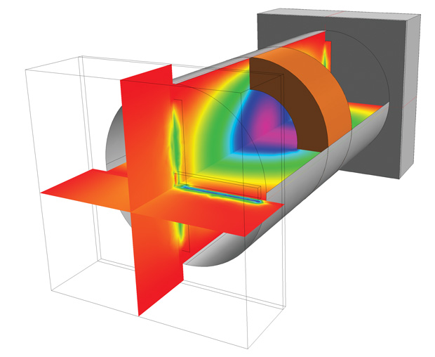 An evanescent-mode cavity filter is modeled in COMSOL Multiphysics. The example is resonant at a frequency lower than its original fundamental mode frequency, and is accomplished by creating an internal discontinuity. Image courtesy of COMSOL.