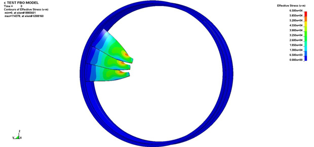 This medium-size model of a fan blade off containment structure consists of 26.5 million nodal points and 24 million solid elements. Here, the three fan blades represent the fan blades rotating in a stationary engine case. Explicit LS-DYNA used a constant rotation speed to set the initial stress state of the blades prior to the fan blade off simulation. LS-DYNA image courtesy of Cray Inc.