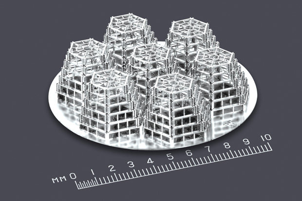 This articulating tissue scaffold was produced with Microfabrica's proprietary production method. Image courtesy of Microfabrica.