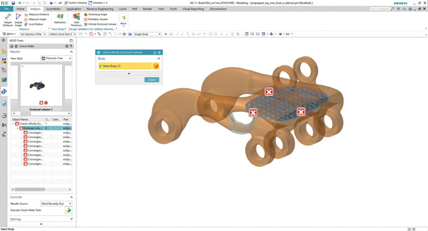 NX with enclosed volumes tagged and displayed, identifying areas where powder could be trapped in additive manufacturing. Image courtesy of Siemens PLM Software.