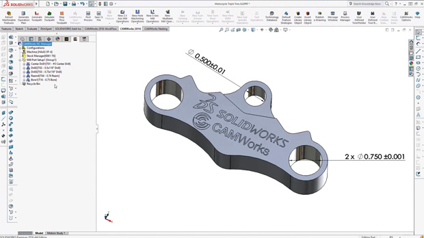 Geometric CAMWorks, embedded within SOLIDWORKS, reads 3D CAD model dimension tolerancing then selects machining strategies and tools for part production. This capability will be extended to operate with hybrid AM/subtractive systems. Image courtesy of Dassault Systèmes SOLIDWORKS.
