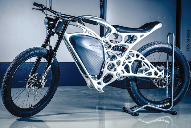 The Light Rider motorcycle, the result of a partnership between Altair and APWorks (an Airbus subsidiary) has a hollow, topology optimized, 3D-printed frame that reduces weight by about 30% and allows wiring to be hidden inside the frame. Image courtesy of APWorks.