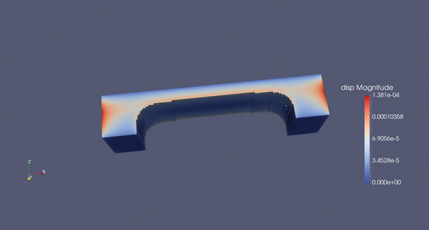 Simulation of metal part distortion after the part was additively built, accounting for support structures. Image courtesy of 3DSIM