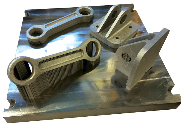 Two additively manufactured Ti64 parts built in two orientations with supports auto-generated by exaSIM simulation software from 3DSIM. Image courtesy of University of Louisville.