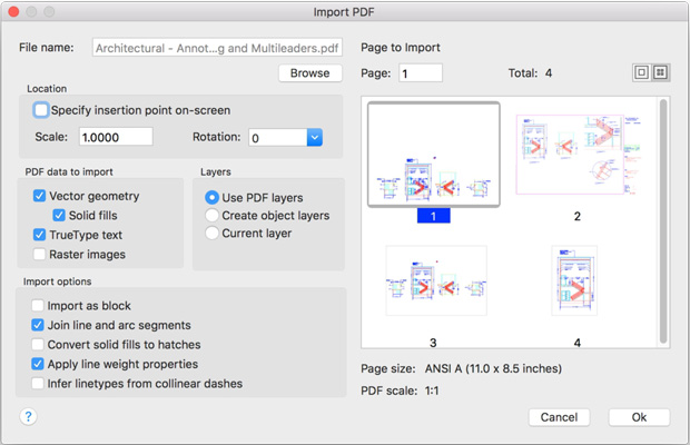 The Import tool in the 2017 release of AutoCAD and AutoCAD LT for Mac now supports PDF file import, enabling users to import geometry from a PDF page into their current drawing as AutoCAD objects. Image courtesy of Autodesk Inc.
