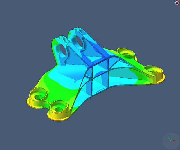 Total distortion in an additively manufactured metal bracket is shown, simulated with MSC Software Simufact Additive. Image courtesy of MSC Software Simufact.