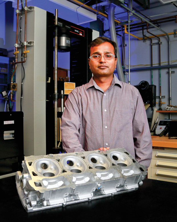 A team of researchers led by ORNL’s Amit Shyam is using high-performance computing to speed the development of new high-temperature aluminum alloys for automotive cylinder heads. Image courtesy of ORNL.