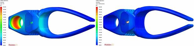 Before and after temperature distribution in a rifle stock arm-brace part manufactured by injection-molding using the original mold (left) and a redesign that incorporates conformal cooling. Linear AMS, needed reduced cooling times per cycle. By using Moldex3D simulation software, they identified areas of heat accumulation, then added conformal cooling to inner and outer regions. Cycle time dropped from 112 to 35 seconds. Images courtesy of Linear AMS.
