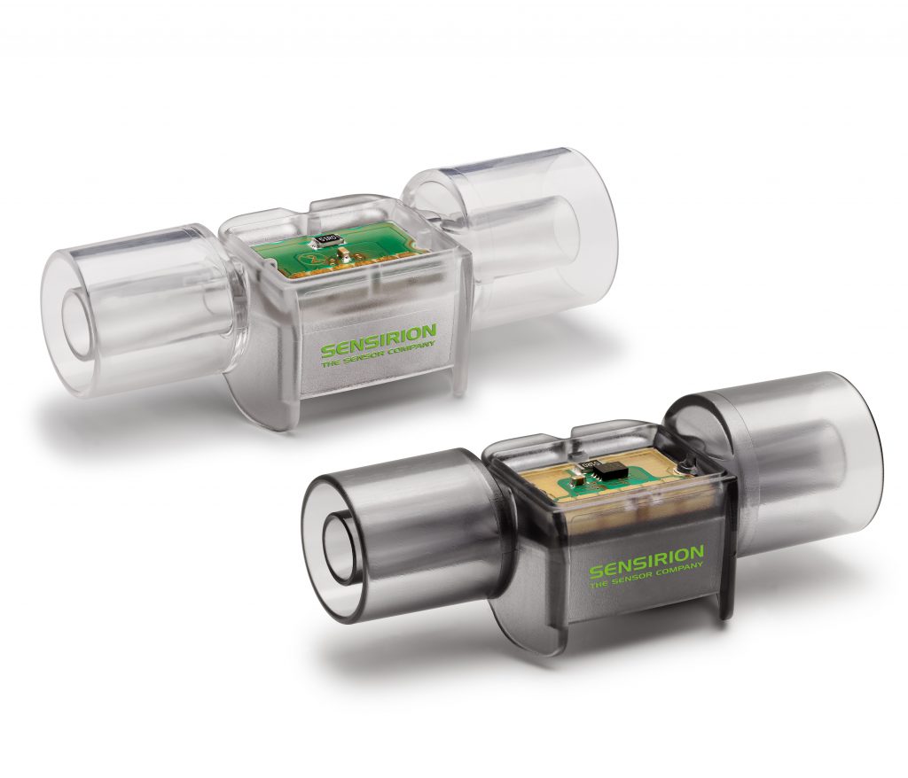 The new flow sensor is available as both a single-use solution (SFM3400-D) and a reusable solution (SFM3400-AW). Image courtesy of Sensirion.