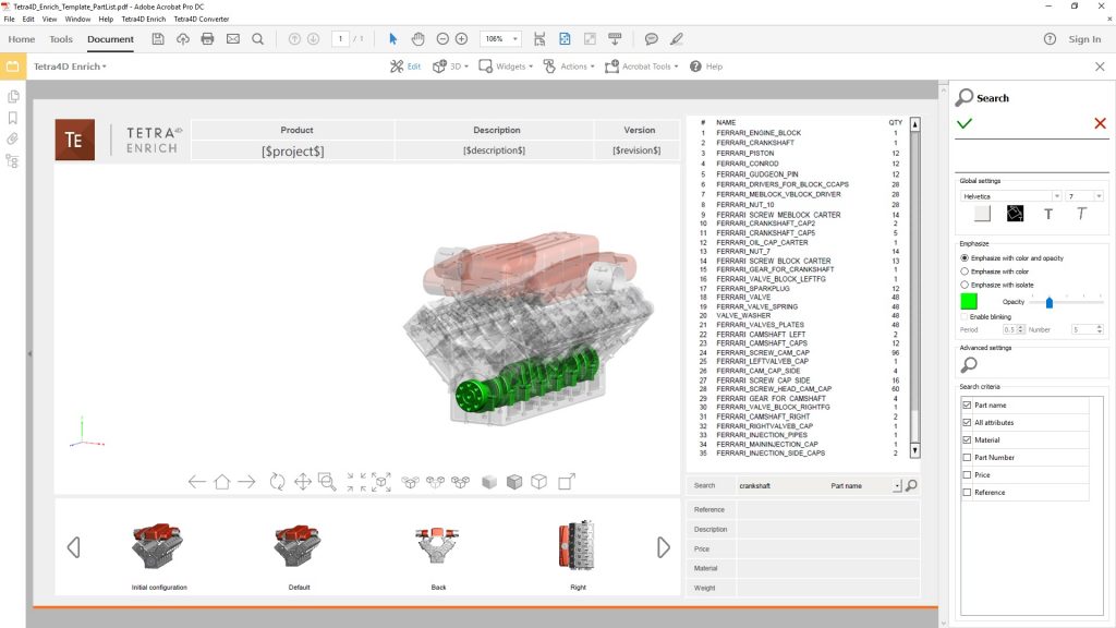 With the new Search feature in Tetra4D 2017, products can be inserted in the PDF document to enable search operations based on the 3D information that exists in the document. Image courtesy of Tech Soft 3D.