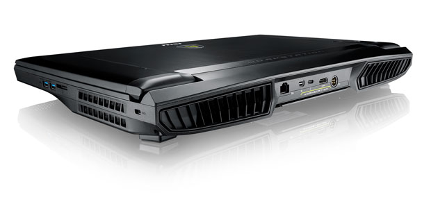 A rear view of a folded WT73VR mobile workstation showing some its 13 ports for connecting external devices. Image courtesy of MSI Computer Corp.