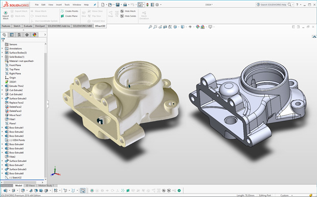 XTract3D, a cross-sectioning toolset for sketching CAD models based on 3D scan data, works from within the SOLIDWORKS design environment. Image courtesy of Polyga Inc.