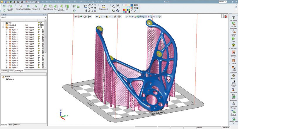 3DXpert, designed for 3D Systems’ metal line printers, enables easy creation of supports of any type (wall, solid cone and skirts) with the ability to do it manually or define and reuse templates for automation. Image courtesy of 3D Systems.