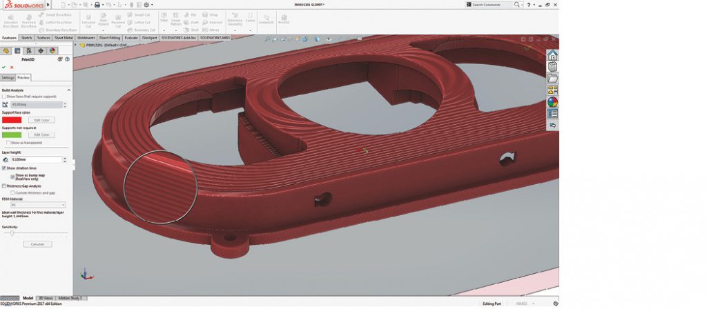 SOLIDWORKS 2017 includes a number of capabilities to ease 3D print file prep, including support for the new 3MF format and a print validation feature used to help prevent failed builds. Image courtesy of Dassault Systèmes.