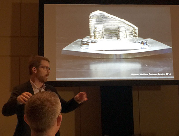 Penn State's Timothy Simpson shows an example of distortion during his presentation at Dassault Systemes' Additive Manufacturing Symposium.