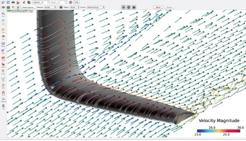 An AcuSolve computational fluid dynamics analysis of flows around a daggerboard is visualized in AcuFieldView. Image courtesy of Altair.