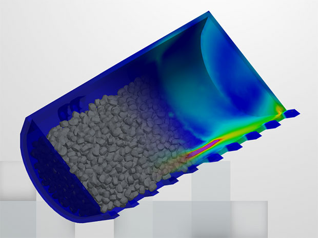 The EDEM for CAE discrete element modeling (DEM) software line brings bulk material simulations to engineers using major finite element analysis and multibody dynamics systems in the the design of heavy equipment. Image courtesy of EDEM.
