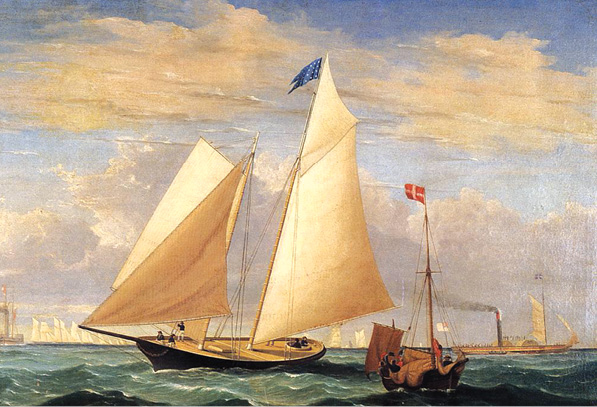 Then and Now: A painting of the yacht “America” winning the first international race, by Fitz Henry Lane, 1851 (top) and the defending champion’s modern catamaran-style lifted out of the water on hydrofoils as its huge wing sail catches the wind. Photo © Oracle TEAM USA by Sam Greenfield via ACEA.