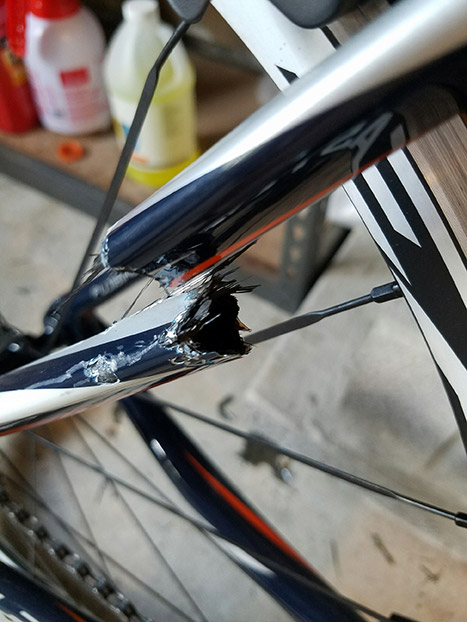 A composite bike frame strut that broke in an accident. Composite materials combine light weight with strength, but designing them for optimum stress resistance can be a challenge. Image courtesy of Bertram Stier/Collier Research.