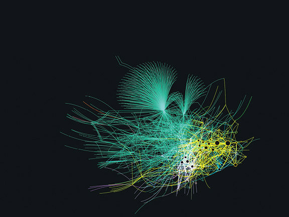 Fig. 1: Machine learning sifts through large data sets, looking for patterns and insights that human analysis could not identify. Derived from a medical knowledge graph developed by Lumiata, this visualization shows interrelationships between diagnoses. Image courtesy of Lumiata.