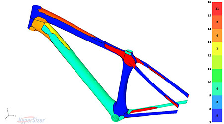 HyperSizer Express analysis of composite ply count in a bike frame. Using computer software to support design ideas helps quickly prove out manufacturability, stiffness and durability at the lightest-possible weight. Image courtesy of Collier Research.