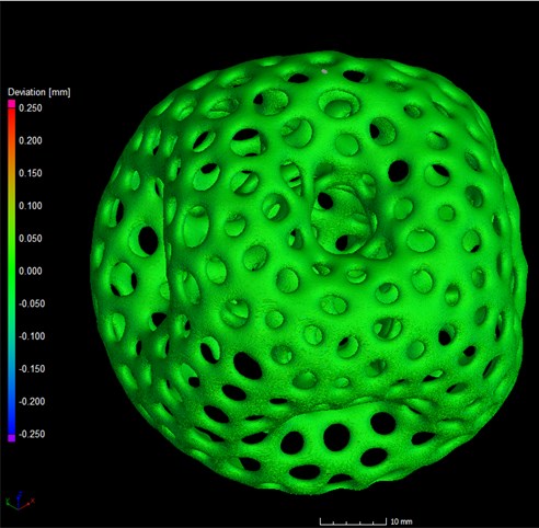 (Top) Meltpool monitoring volume image of additively manufactured metal organic sphere with a high degree of porosity and (bottom) a CT scan of the same object. The first technology predicts flaws based on real-time in-situ measurements taken during an AM build; the second examines finished products for integrity. Sintavia and Concept Laser collaborated on a study of the correlation between the two quality-assurance methodologies.