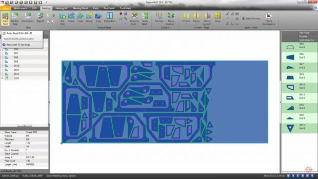 SigmaNEST requires just four steps to create an NC (numerical control) program for a profile cutting machine. Shown here are the results of clicking the Auto Nest icon in the third step. Image courtesy of SigmaTEK Systems LLC.