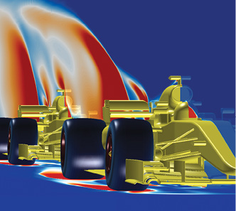CFD simulation results show only the front car drives into undisturbed air. Simulation created in FieldView by Torbjörn Larsson, Creo Dynamics AB. Image courtesy of Intelligent Light.
