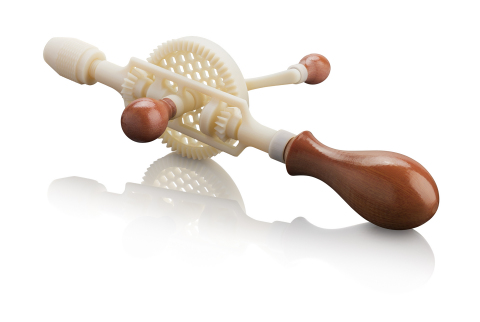 Working hand drill prototype 3D printed in Digital ABS Plus, Ivory, with wood-grain texture handles 3D printed separately - all on the Stratasys J750 full-color, multi-material 3D printing solution. (Photo: Business Wire)