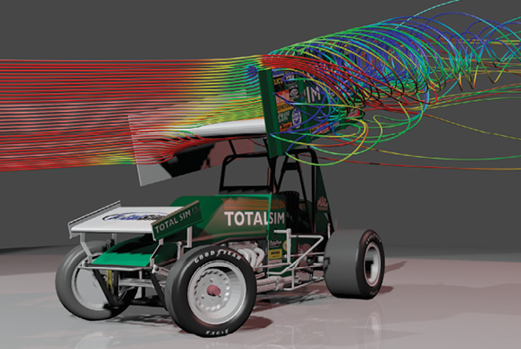 Stream lines passing over the rear wing of a dirt track vehicle. Images courtesy of TotalSim.