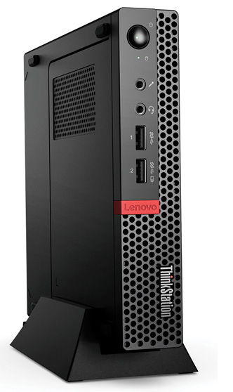 Top: The new Lenovo ThinkStation P320 Tiny weighs less than 3 pounds, yet packs workstation power. Right: The rear panel of the ThinkStation P320 provides lots of connections. Images courtesy of Lenovo.
