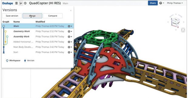 The use of Web Services technology and a single cloud-hosted database allows Onshape to offer concurrent use for multiple engineers and on-demand versioning. Image courtesy of Onshape.